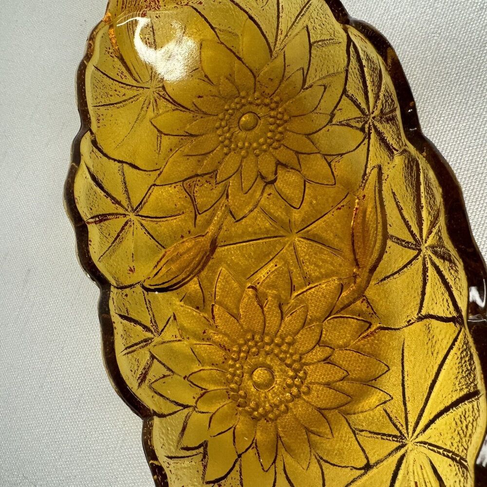 Vintage Indiana Carnival Glass Candy Dish with Gold Sunflower Design